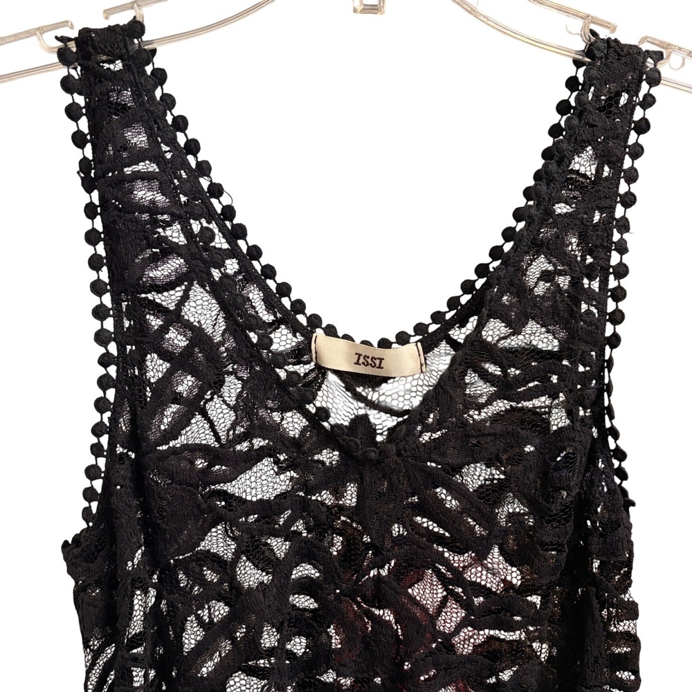 ISSI Lace Tank Top Womens Small Black Gothic Boho Sheer V-Neck Pom Pom Trim - Picture 6 of 13